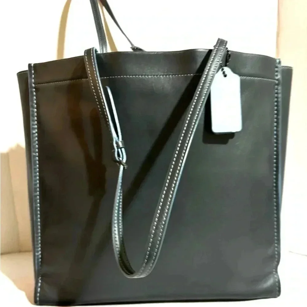 Coach navy blue gray leather shoulder handbag